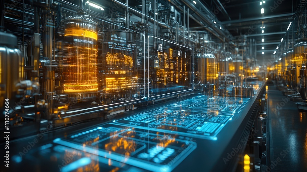 A futuristic industrial scene with glowing machinery and digital interfaces. A futuristic industrial scene with glowing machinery and digital interfaces.