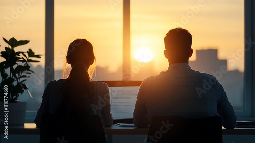 Couple seated at banker s desk with financial paperwork, office plant nearby, bright lighting, neutral colors, hopeful expressions photo