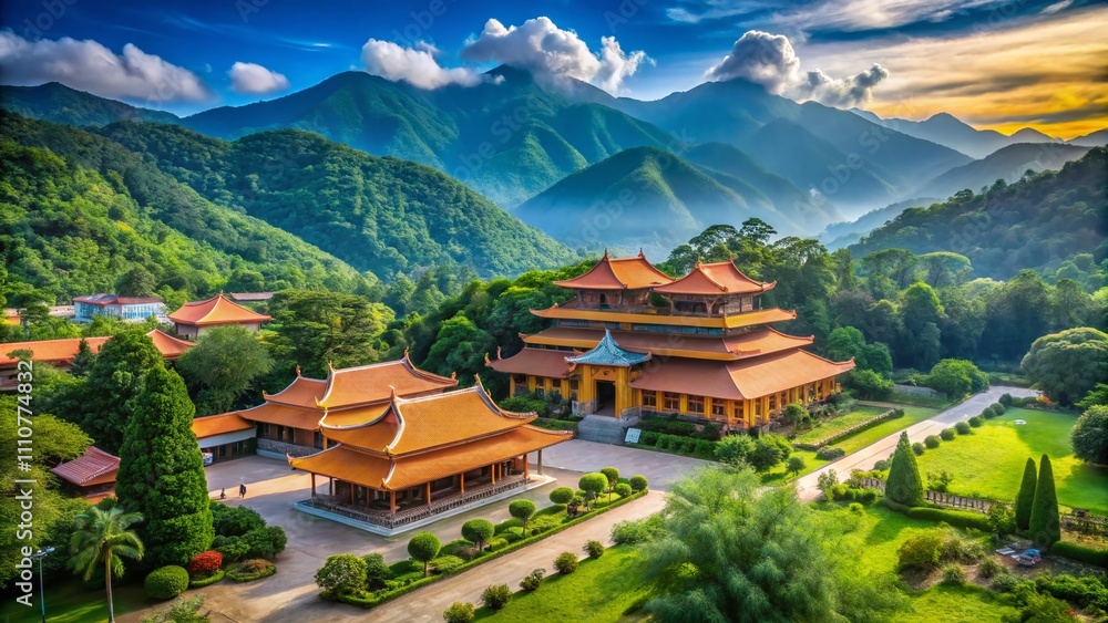 Serene View of Thien Vien Truc Lam Monastery Surrounded by Lush Greenery with Tranquil Atmosphere and Majestic Mountains in the Background, Perfect for Meditation and Reflection Serene View of Thien Vien Truc Lam Monastery Surrounded by Lush Greenery with Tranquil Atmosphere and Majestic Mountains in the Background, Perfect for Meditation and Reflection