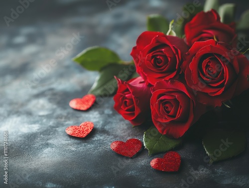 Elegant red roses with heart confetti on a dark background, perfect for romantic themes.
