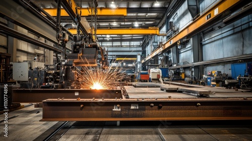 Industrial Steel Fabrication Plant: Harsh Arc-Welding Illumination Revealing Massive Manufacturing Processes and Molten Metal Textures in an Industrial Environment. photo