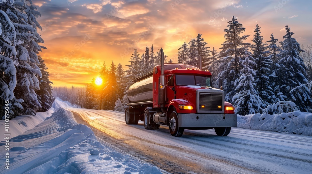 photograph of red tanker truck drives down snowy road at sunset photograph of red tanker truck drives down snowy road at sunset