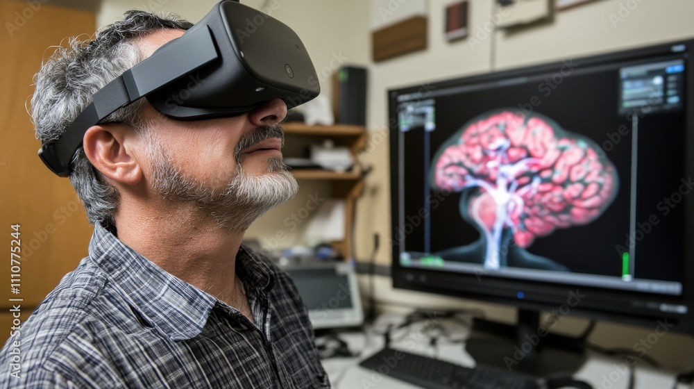 Man Wearing Virtual Reality Headset With Brain Imaging Display Man Wearing Virtual Reality Headset With Brain Imaging Display