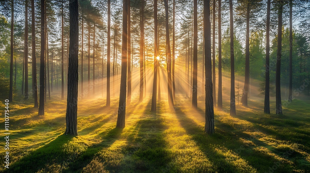 A misty forest at sunrise with the first light of day filtering through the trees and casting long shadows A misty forest at sunrise with the first light of day filtering through the trees and casting long shadows