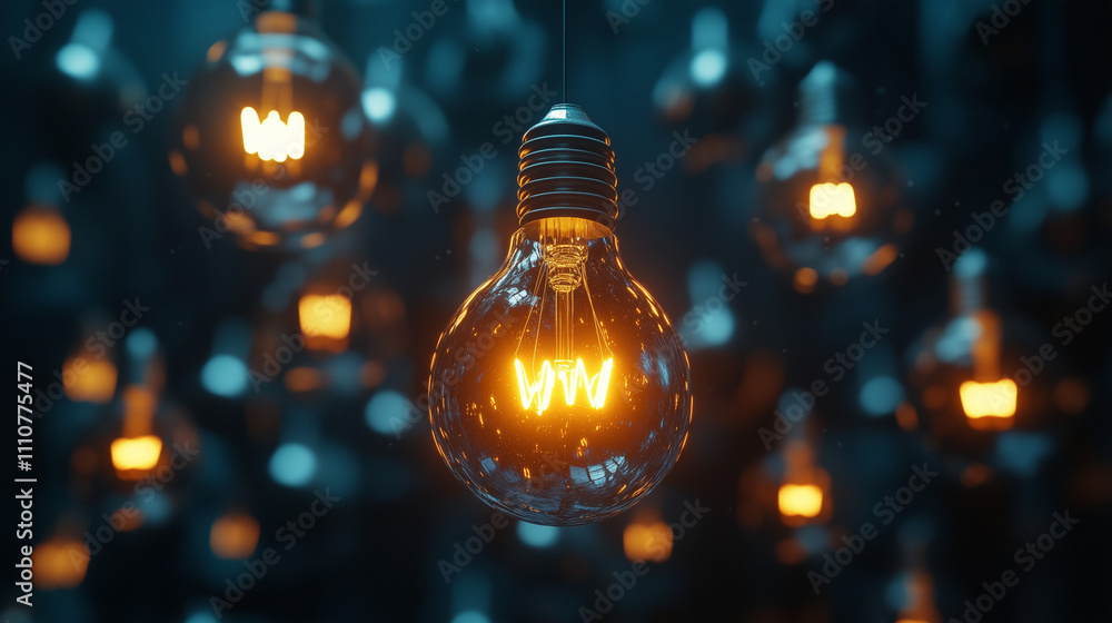 One of Lightbulb glowing among shutdown light bulb in dark area with copy space for creative thinking , problem solving solution and outstanding concept by 3d rendering technique. One of Lightbulb glowing among shutdown light bulb in dark area with copy space for creative thinking , problem solving solution and outstanding concept by 3d rendering technique.