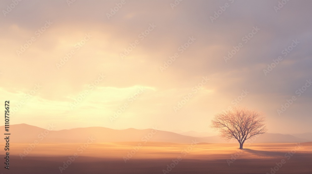 Fototapeta premium A solitary tree stands in a vast landscape under a soft, glowing sky.