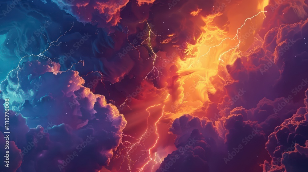 Dynamic animation of a thunderstorm with bright lights and colored clouds Dynamic animation of a thunderstorm with bright lights and colored clouds