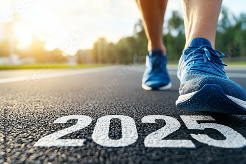 Runner's new year: feet in blue shoes on road marked 2025 at sunrise