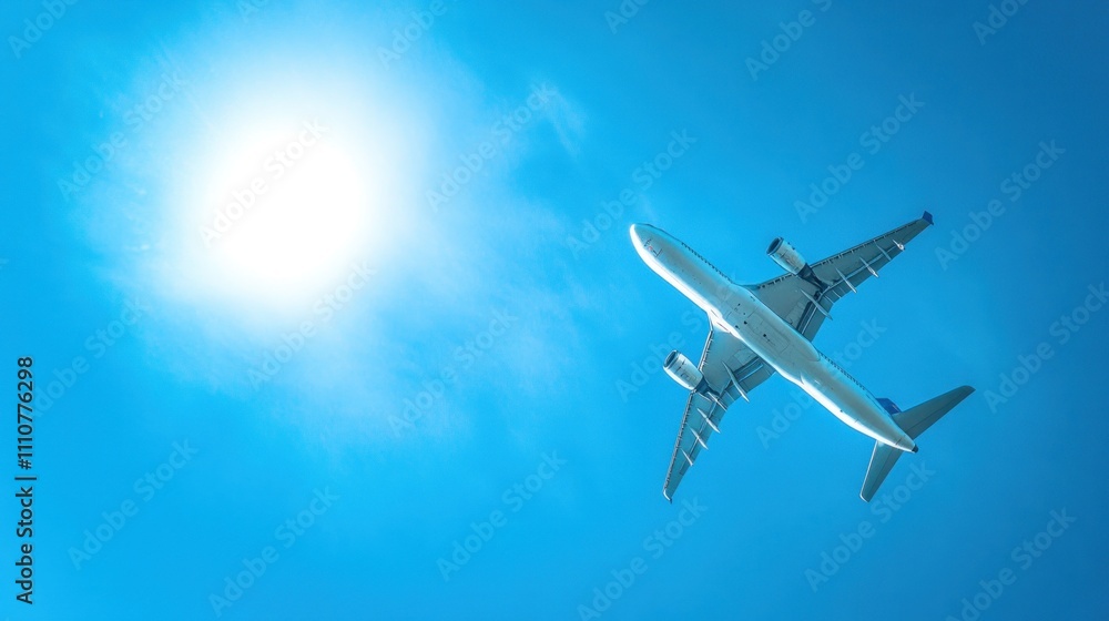 Airplane flying in bright sunny sky. Airplane flying in bright sunny sky.