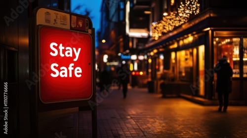 Illuminated Stay Safe Sign in Urban Evening Street Scene at Night photo