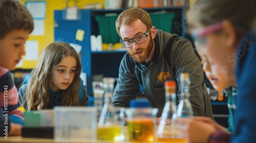 A teacher demonstrating a chemical reaction in a school science lab, with students watching intently