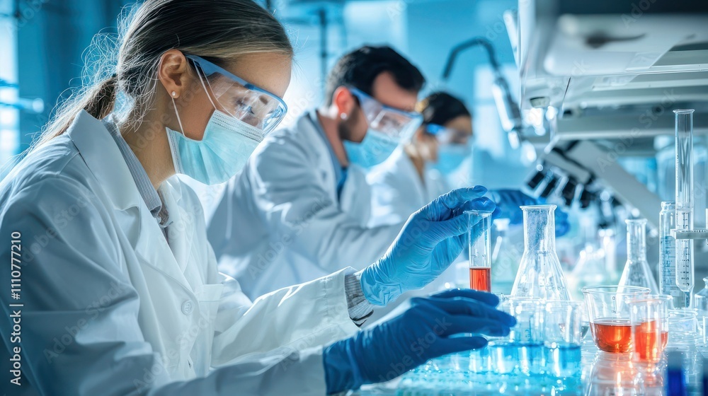A team of clinical lab professionals working together on sample analysis A team of clinical lab professionals working together on sample analysis