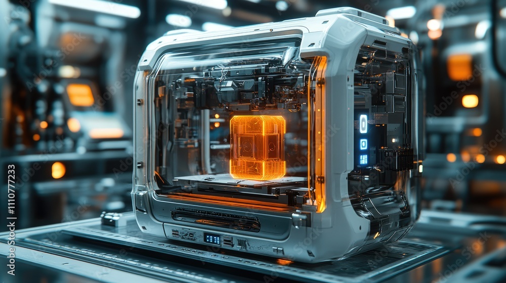 A futuristic machine with glowing elements, possibly for advanced manufacturing or research. A futuristic machine with glowing elements, possibly for advanced manufacturing or research.