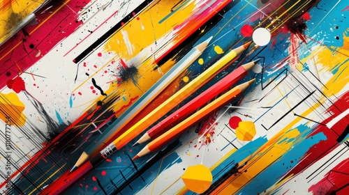 Colorful pencils on abstract art background.