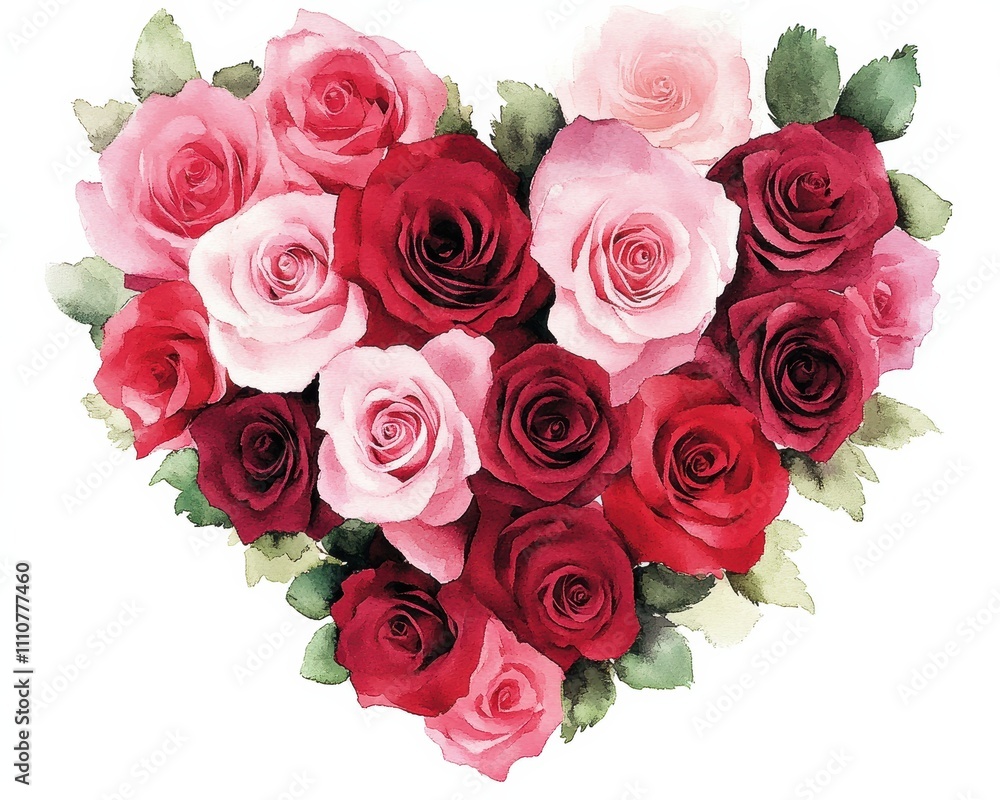 A heart-shaped arrangement of vibrant roses in various shades of red and pink. A heart-shaped arrangement of vibrant roses in various shades of red and pink.