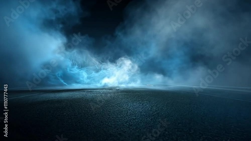 Dramatic blue smoke swirling in dark atmosphere creates mysterious texture on ground, enhancing visual depth with captivating fog.