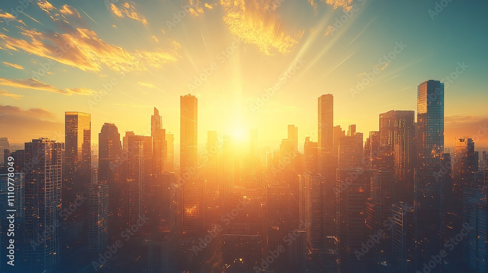 Vibrant sunrise over a city skyline. Vibrant sunrise over a city skyline.