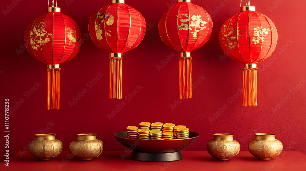 Festive red lanterns and gold coins create vibrant celebration scene Festive red lanterns and gold coins create vibrant celebration scene