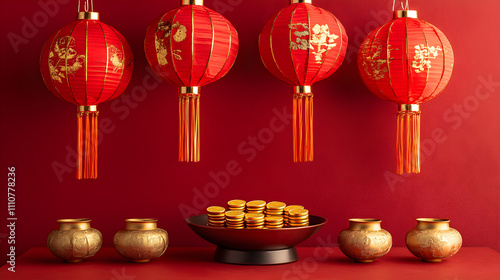 Festive red lanterns and gold coins create vibrant celebration scene photo