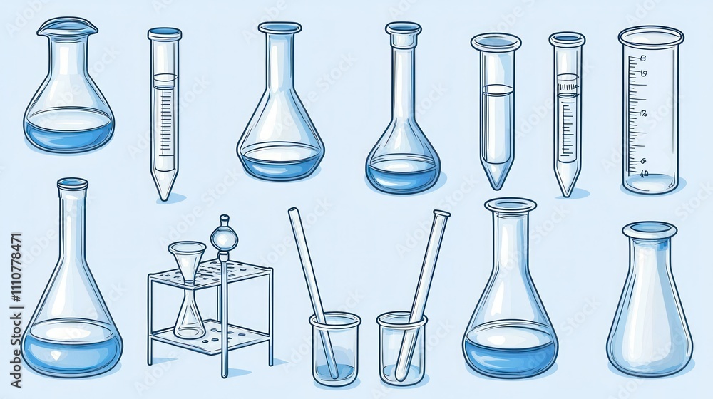 A vector design featuring various laboratory tools like beakers, flasks, and test tubes A vector design featuring various laboratory tools like beakers, flasks, and test tubes