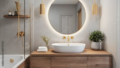 Stylish Small Bathroom with Luxury Wooden Elements, Modern Wooden Countertop, and Gold Fixtures