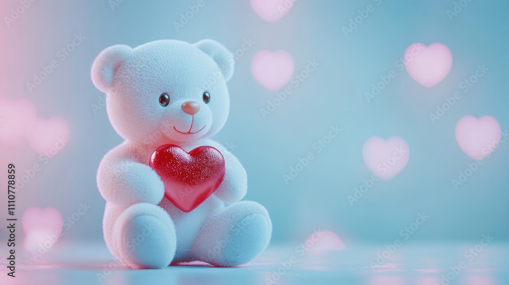 Cute teddy bear holding a red heart with a dreamy blurred heart background. Cute teddy bear holding a red heart with a dreamy blurred heart background.