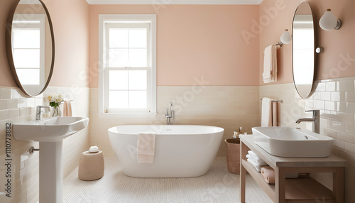Elegant Small Bathroom with Minimalist Design, Freestanding Tub, and Pedestal Sink