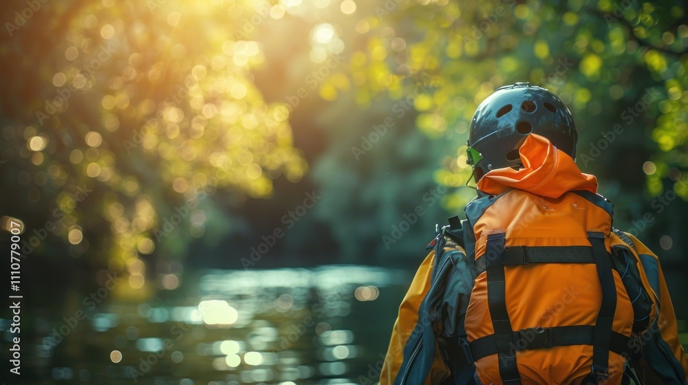 Person in life vest and helmet looks at river. Person in life vest and helmet looks at river.