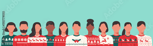 Group portrait of men and women in festive Christmas sweater with creative winter pattern, celebrating the holiday season together, Vector Flat Illustration Design