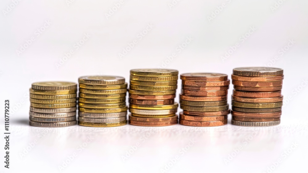 Ascending Stacks of Golden Coins: A Symbol of Financial Growth and Wealth on White Background Ascending Stacks of Golden Coins: A Symbol of Financial Growth and Wealth on White Background
