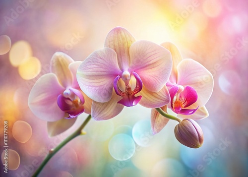 Soft Focus Low Light Photography of a Beautiful Orchid in Gentle Pastel Colors, Perfect for Creating Tranquil and Serene Backgrounds for Various Design Projects