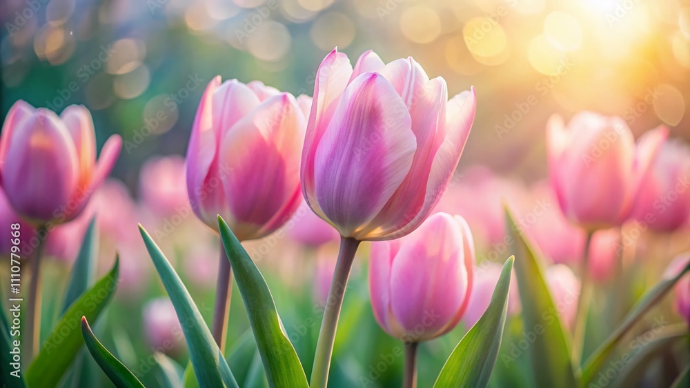 Naklejka premium Soft Pink Tulip Buds on a Blurred Background Capturing the Essence of Love and Weddings in Tilt-Shift Photography for Romantic Moments and Celebrations
