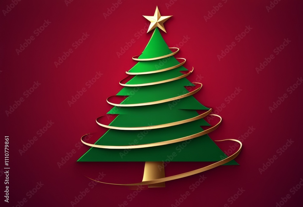 Ein stilisierter Weihnachtsbaum in Grün mit goldener Spiralgirlande und einem goldenen Stern an der Spitze, vor einem tiefroten Hintergrund. Schlicht und festlich. Generative KI Ein stilisierter Weihnachtsbaum in Grün mit goldener Spiralgirlande und einem goldenen Stern an der Spitze, vor einem tiefroten Hintergrund. Schlicht und festlich. Generative KI
