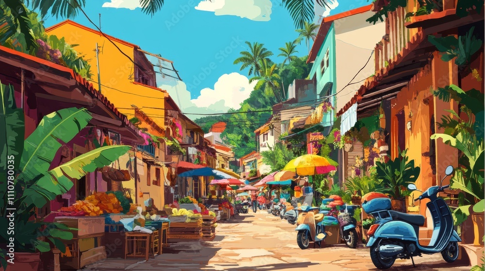 Fototapeta premium Vibrant market street lined with colorful buildings, vibrant umbrellas, and scooters under a bright blue sky