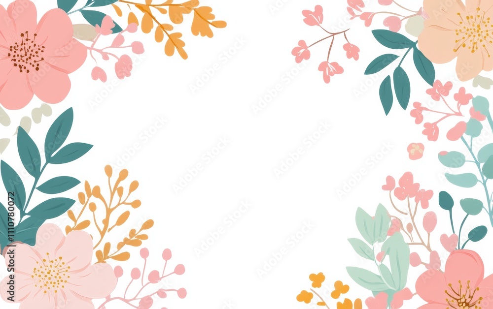 A beautiful floral border design with pastel flowers and green leaves on a white background. A beautiful floral border design with pastel flowers and green leaves on a white background.