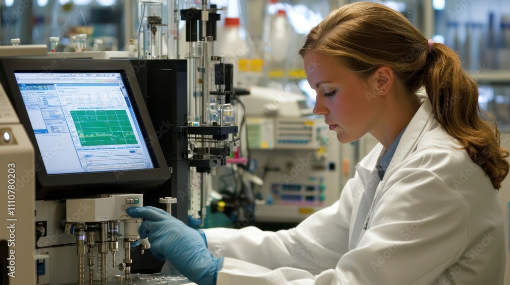 A woman in a laboratory conducting research with high-tech equipment A woman in a laboratory conducting research with high-tech equipment