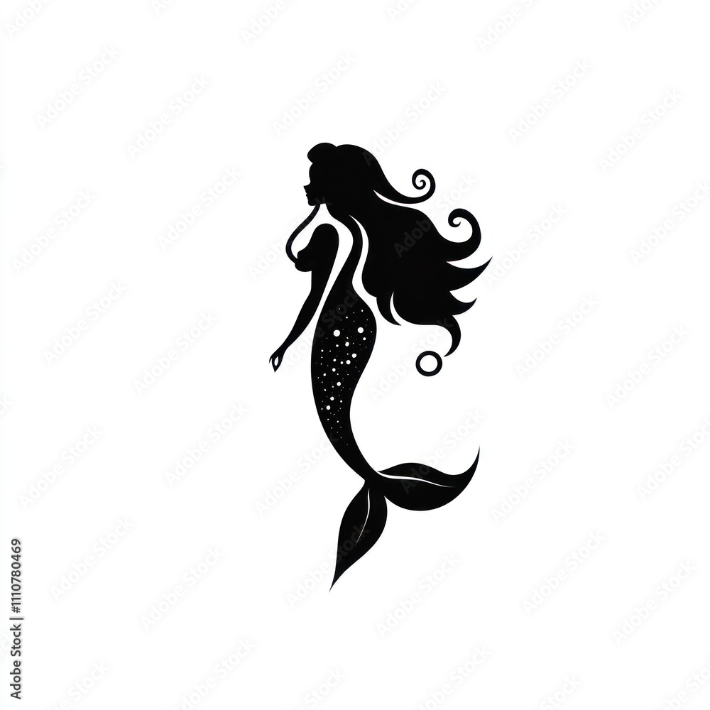 Elegant black silhouette of a mermaid with flowing hair and a dotted tail. Elegant black silhouette of a mermaid with flowing hair and a dotted tail.
