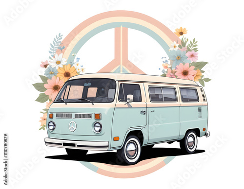 Vintage van with peace symbol and floral wreath