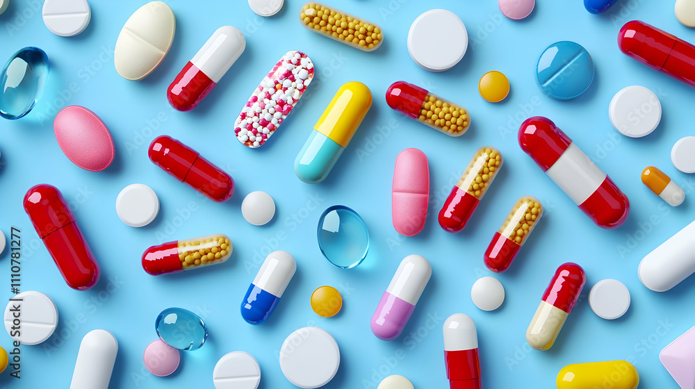 Colorful pills and capsules scattered on a blue background. (1) Colorful pills and capsules scattered on a blue background. (1)