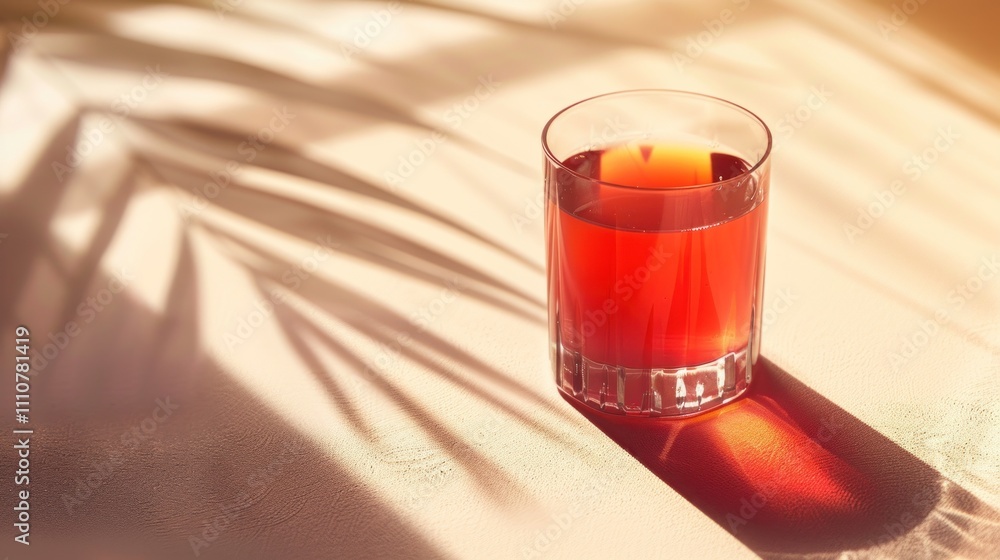 Glass of red beverage in sunlight with palm leaf shadow. Glass of red beverage in sunlight with palm leaf shadow.