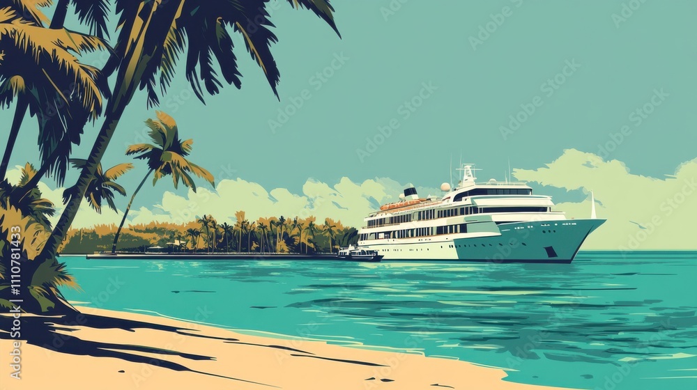 Tropical Paradise with Luxury Yacht and Palm Trees by the Shore Tropical Paradise with Luxury Yacht and Palm Trees by the Shore
