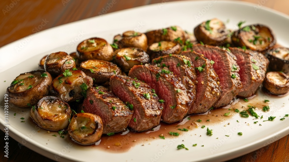 A beautifully plated dish featuring sliced steak and sautéed mushrooms, garnished with herbs. A beautifully plated dish featuring sliced steak and sautéed mushrooms, garnished with herbs.