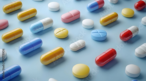 Colorful pills and tablets arranged on a blue background.