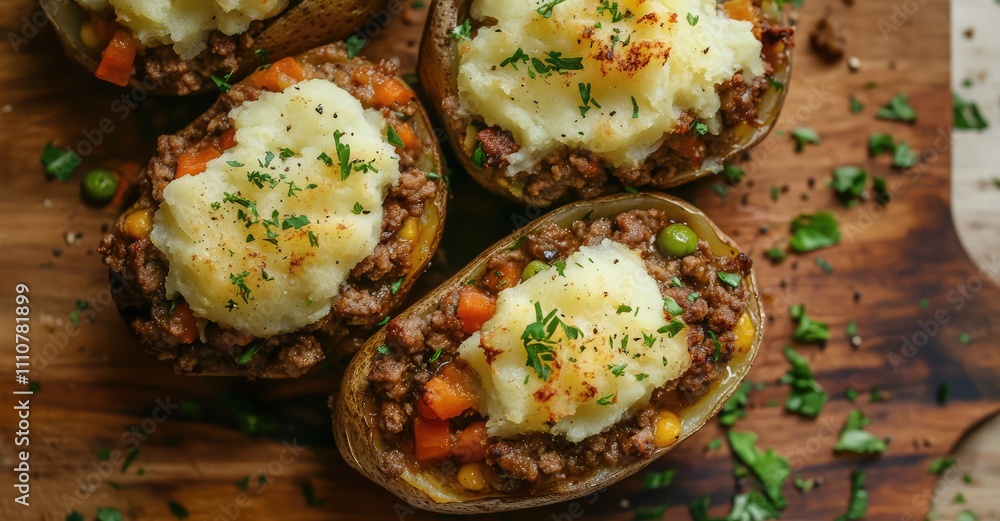 Shepherd's Pie Stuffed Potatoes. AI generated illustration. Shepherd's Pie Stuffed Potatoes. AI generated illustration.