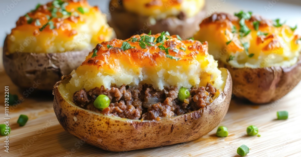 Shepherd's Pie Stuffed Potatoes. AI generated illustration. Shepherd's Pie Stuffed Potatoes. AI generated illustration.
