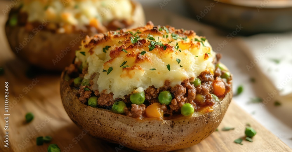Shepherd's Pie Stuffed Potatoes. AI generated illustration. Shepherd's Pie Stuffed Potatoes. AI generated illustration.