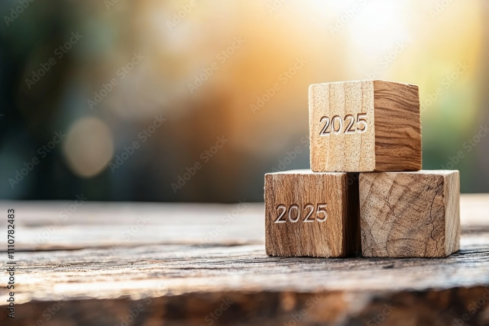 Wooden blocks with 2025 engraving on rustic table in sunlight Wooden blocks with 2025 engraving on rustic table in sunlight