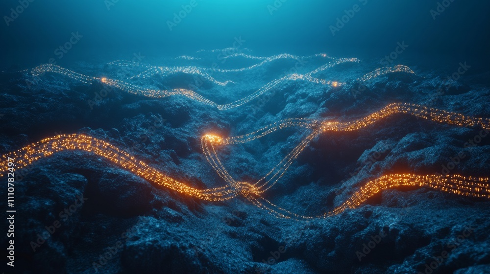Glowing pathways weaving through an ethereal underwater landscape illuminated by shimmering light Glowing pathways weaving through an ethereal underwater landscape illuminated by shimmering light