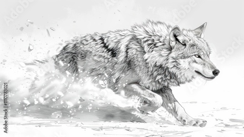 Wallpaper Mural Majestic wolf running through snow, monochrome illustration. Torontodigital.ca