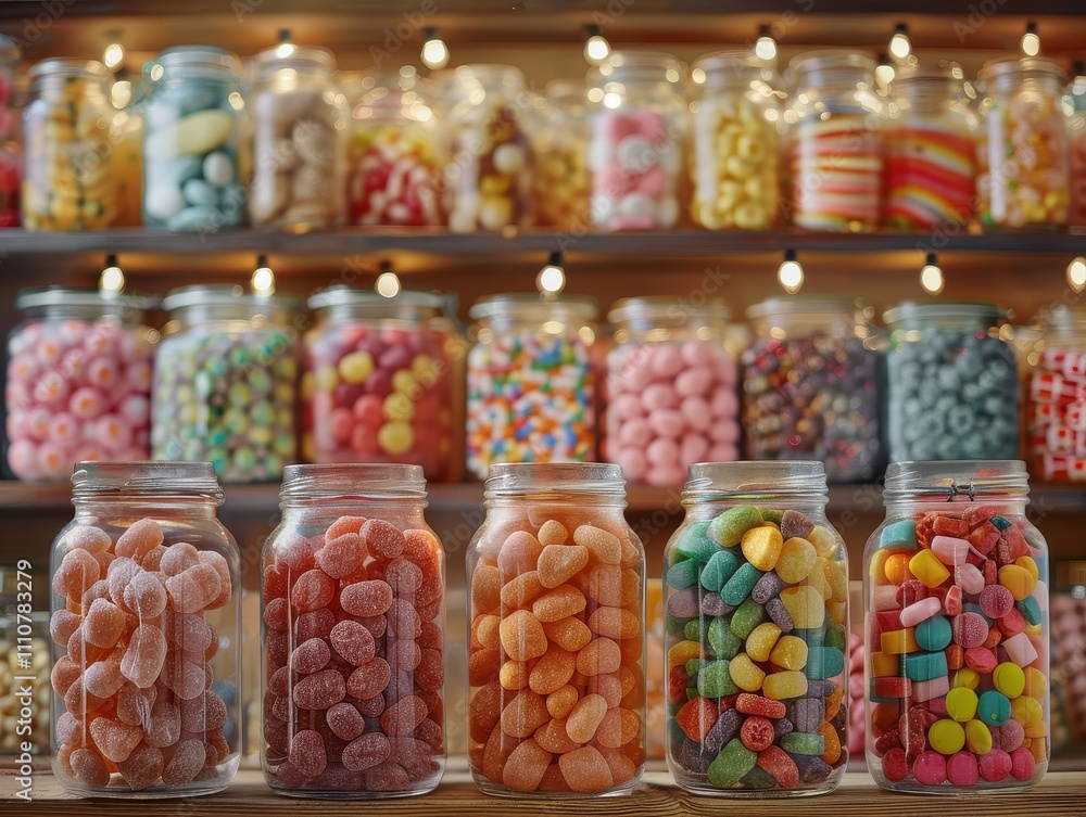 A vibrant display of colorful jars filled with assorted candies, creating a nostalgic and inviting atmosphere. A vibrant display of colorful jars filled with assorted candies, creating a nostalgic and inviting atmosphere.